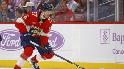 Eetu Luostarinen #27 of the Florida Panthers skates with the puck against the Tampa Bay Lightning at the Amerant Bank Arena on November 15, 2025 in Sunrise, Florida. (Photo by Eliot J. Schechter/NHLI via Getty Images)