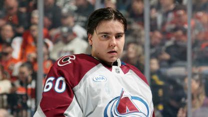 Justus Annunen #60 of the Colorado Avalanche looks on from his bench during a first period timeout against the Philadelphia Flyers at the Wells Fargo Center on November 18, 2024 in Philadelphia, Pennsylvania. (Photo by Len Redkoles/NHLI via Getty Images)