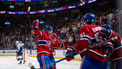 Juraj Slafkovsky #20 of the Montreal Canadiens celebrates with teammates after Alexandre Carrier #45 (not pictured) scored a goal in the second period during the NHL regular season game against Vancouver Canucks at the Bell Centre on January 12, 2026 in Montreal, Quebec, Canada. (Photo by Matt Garies/NHLI via Getty Images)