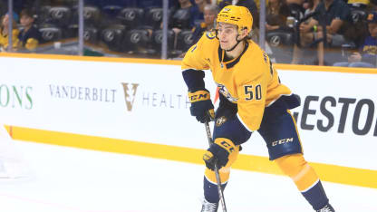 Nashville Predators defenseman Tanner Molendyk (50) is shown during the NHL preseason game between the Nashville Predators and Carolina Hurricanes, held on October 5, 2024, at Bridgestone Arena in Nashville, Tennessee. (Photo by Danny Murphy/Icon Sportswire via Getty Images)