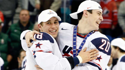 Jason Zucker #16 and Chris Kreider #20 celebrate after defeating Team Canada 6-5 in overtime at the 2010 IIHF World Junior Championship Tournament Gold Medal game on January 5, 2010 at the Credit Union Centre in Saskatoon, Saskatchewan, Canada. (Photo by Richard Wolowicz/Getty Images)