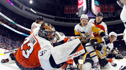 Samuel Ersson #33 of the Philadelphia Flyers tends net against the Pittsburgh Penguins at Xfinity Mobile Arena on October 28, 2025 in Philadelphia, Pennsylvania. (Photo by Bruce Bennett/Getty Images)