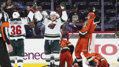 Kirill Kaprizov #97 and Mats Zuccarello #36 of the Minnesota Wild celebrate a goal against the Anaheim Ducks on November 8, 2024 at Honda Center in Anaheim, California. (Photo by Debora Robinson/NHLI via Getty Images)