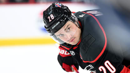 Center Sebastian Aho #20 of the Carolina Hurricanes prepares for a faceoff during the NHL game between the Winnipeg Jets and the Carolina Hurricanes on November 28, 2025 at Lenovo Center in Raleigh, North Carolina. (Photo by Katherine Gawlik/Icon Sportswire via Getty Images)