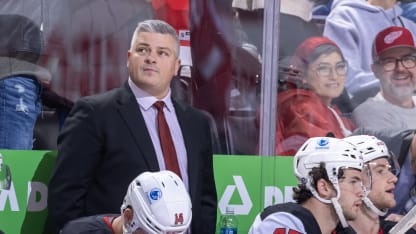 Head coach Sheldon Keefe of the New Jersey Devils looks on from the bench during the third period of the game against the Detroit Red Wings at Little Caesars Arena on October 24, 2024 in Detroit, Michigan. Detroit defeated New Jersey 5-3. (Photo by Dave Reginek/NHLI via Getty Images)