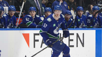 VANCOUVER, CANADA - JANUARY 27: Tyler Myers #57 of the Vancouver Canucks skates up ice during their NHL game against the San Jose Sharks at Rogers Arena on January 27, 2026 in Vancouver, British Columbia, Canada. (Photo by Jeff Vinnick/NHLI via Getty Images)