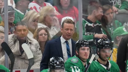 Glen Gulutzan watches the action from behind the bench against the Detroit Red Wings at the American Airlines Center on March 14, 2026 in Dallas, Texas. (Photo by Glenn James/NHLI via Getty Images)