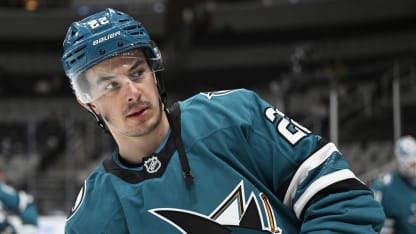 Andrew Poturalski #22 of the San Jose Sharks skates during warm ups before their game against the Montreal Canadiens at SAP Center on February 04, 2025 in San Jose, California. (Photo by Eakin Howard/Getty Images)