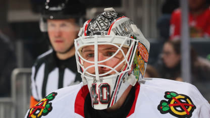ELMONT, NEW YORK - MARCH 24: Arvid Soderblom #40 of the Chicago Blackhawks skates against the New York Islanders at UBS Arena on March 24, 2026 in Elmont, New York. The Blackhawks defeated the Islanders 4-3. (Photo by Bruce Bennett/Getty Images)