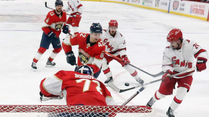 Seth Jarvis #24 of the Carolina Hurricanes takes the shot against Sergei Bobrovsky #72 of the Florida Panthers in Game Four of the Eastern Conference Finals of the 2023 Stanley Cup Playoffs at FLA Live Arena on May 24, 2023 in Sunrise, Florida. The Panthers defeated the Hurricanes 4-3 to take the series 4-0. (Photo by Bruce Bennett/Getty Images)