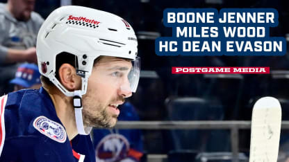Boone Jenner, Miles Wood and HC Dean Evason - Blue Jackets @ Islanders | Postgame Media
