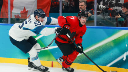 Macklin Celebrini #17 of Team Canada controls the puck against Rasmus Ristolainen #55 of Team Finland in the third period during the Men's Semifinals Playoff match between Canada and Finland on day fourteen of the Milano Cortina 2026 Winter Olympic games at Milano Santagiulia Ice Hockey Arena on February 20, 2026 in Milan, Italy. (Photo by Elsa/Getty Images)