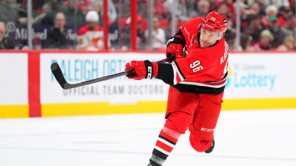 Mikko Rantanen #96 of the Carolina Hurricanes takes a shot against the Calgary Flames during the second period of the game at Lenovo Center on March 02, 2025 in Raleigh, North Carolina. (Photo by Grant Halverson/Getty Images)