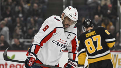 Washington Capitals left wing Alex Ovechkin (8) and Pittsburgh Penguins center Sidney Crosby (87) on the ice during the first period in the NHL game between the Pittsburgh Penguins and the Washington Capitals on March 7, 2024, at PPG Paints Arena in Pittsburgh, PA. (Photo by Jeanine Leech/Icon Sportswire via Getty Images)