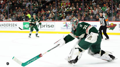 Filip Gustavsson #32 of the Minnesota Wild plays the puck against the Montreal Canadiens in the second period at Xcel Energy Center on November 14, 2024 in St Paul, Minnesota. (Photo by David Berding/Getty Images)