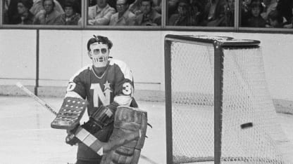 Cesare Maniago #30 of the Minnesota North Stars redirects the puck into the corner after a save Circa 1975 at the Montreal Forum in Montreal, Quebec, Canada. (Photo by Denis Brodeur/NHLI via Getty Images)