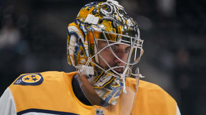 Juuse Saros #74 of the Nashville Predators warms up prior to an NHL game between the Nashville Predators and the Utah Mammoth on April 9, 2026 at the Delta Center in Salt Lake City, UT. (Photo by Aaron Baker/Icon Sportswire via Getty Images)