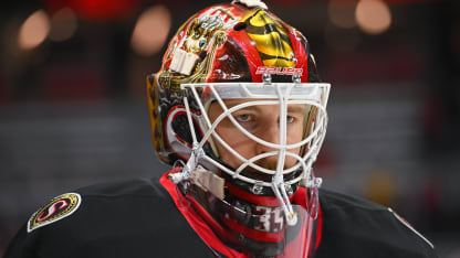 Linus Ullmark #35 of the Ottawa Senators looks on during warmup prior to an NHL game against the Pittsburgh Penguins on December 18, 2025 at Canadian Tire Centre in Ottawa, Ontario, Canada. (Photo by Tim Austen/NHLI via Getty Images)
