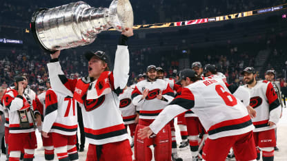 Jackson Blake #53 of the Carolina Hurricanes holds the Stanley Cup following the win against the Vegas Golden Knights in Game Six of the 2026 NHL Stanley Cup Final at T-Mobile Arena on June 14, 2026 in Las Vegas, Nevada. (Photo by Bruce Bennett/Getty Images)