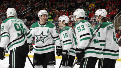 The Dallas Stars celebrate a goal scored by Mikko Rantanen #96 during the third period against the New Jersey Devils at Prudential Center on December 03, 2025 in Newark, New Jersey. The Stars won 3-0. (Photo by Sarah Stier/Getty Images)