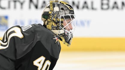 Akira Schmid #40 of the Vegas Golden Knights prepares for the start of the third period against the Winnipeg Jets in their game at T-Mobile Arena on April 03, 2025 in Las Vegas, Nevada. The Jets defeated the Golden Knights 4-0. (Photo by Candice Ward/Getty Images)