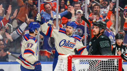 Edmonton Oilers Center Leon Draisaitl (29) celebrates a power play goal with Edmonton Oilers Center Connor McDavid (97) in the first period of the Edmonton Oilers game versus the Seattle Kraken on December 04, 2025 at Rogers Place in Edmonton, AB. (Photo by Curtis Comeau/Icon Sportswire via Getty Images)