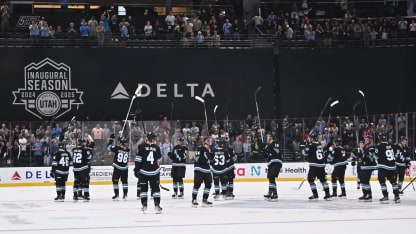 The Utah Hockey Club salutes the fans after defeating the Los Angeles Kings in overtime in a preseason game