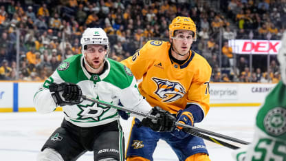 NASHVILLE, TENNESSEE - OCTOBER 26: Brady Skjei #76 of the Nashville Predators skates against Radek Faksa #12 of the Dallas Stars during an NHL game at Bridgestone Arena on October 26, 2025 in Nashville, Tennessee. (Photo by John Russell/NHLI via Getty Images)