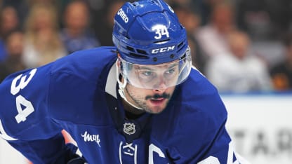 Auston Matthews #34 of the Toronto Maple Leafs gets set for play to resume against the Vancouver Canucks during the second period in an NHL game at Scotiabank Arena on January 11, 2025 in Toronto, Ontario, Canada. (Photo by Claus Andersen/Getty Images)