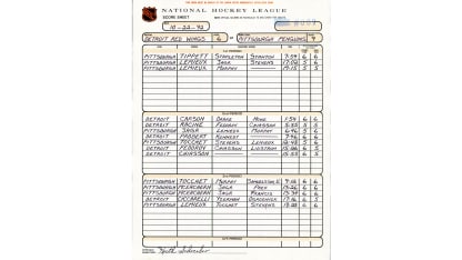 Lemieux score sheet Detroit Pittsburgh 102292