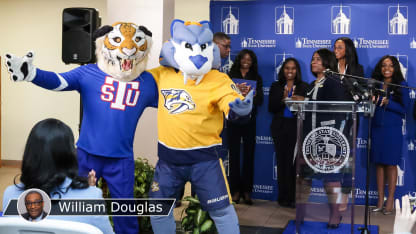 Glover and NSH and TSU Mascots with badge