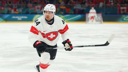 Pius Suter #44 of Team Switzerland skates in the second period during the Men's Preliminary Group A match between Canada and Switzerland on day seven of the Milano Cortina 2026 Winter Olympic games at Milano Santagiulia Ice Hockey Arena on February 13, 2026 in Milan, Italy. (Photo by Gregory Shamus/Getty Images)