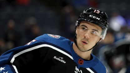 Gavin Bayreuther #15 of the Columbus Blue Jackets warms up prior to the start of the game against the Detroit Red Wings at Nationwide Arena on December 4, 2022 in Columbus, Ohio. (Photo by Kirk Irwin/Getty Images)