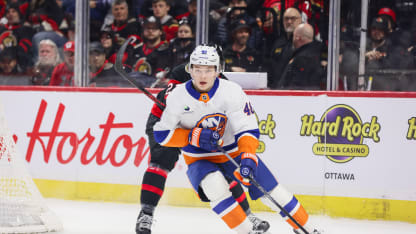 OTTAWA, ON - MARCH 19: Matthew Schaefer #48 of the New York Islanders skates with the puck against the Ottawa Senators on March 19, 2026, at Canadian Tire Centre in Ottawa, ON, Canada. (Photo by Richard A. Whittaker/Icon Sportswire via Getty Images)