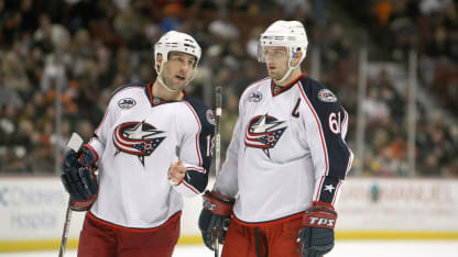 R.J. Umberger #18 and Rick Nash #61 of the Columbus Blue Jackets talk on the ice during the game against the Anaheim Ducks on December 7, 2008 at the Honda Center in Anaheim, California. The Ducks won 5-3. (Photo by Stephen Dunn/Getty Images)