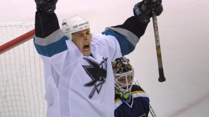 17 Apr 2001: Marco Sturm #21of the San Jose Sharks celebrates Owen Nolan's goal against the St. Louis Blues during period two of game 4 of the Western Conference Playoff Quarterfinals at the Compaq Center in San Jose , California. DIGITAL IMAGE Mandatory Credit: Tom Hauck/ALLSPORT