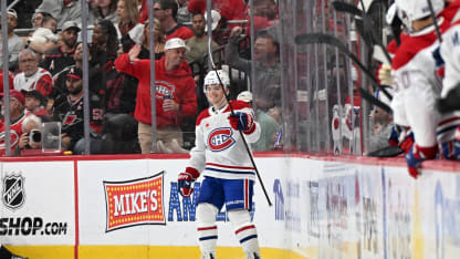 RALEIGH, NC - MARCH 29: Right Wing Cole Caufield (13) of the Montreal Canadiens celebrates after scoring during the NHL game between the Montreal Canadiens and the Carolina Hurricanes on March 29, 2026 at Lenovo Center in Raleigh, North Carolina. (Photo by Katherine Gawlik/Icon Sportswire via Getty Images)