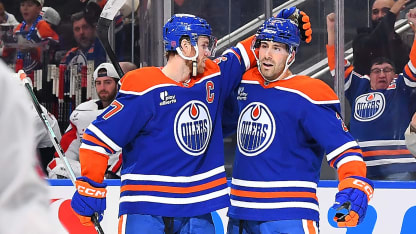 Evan Bouchard #2 and Connor McDavid #97 of the Edmonton Oilers celebrate a third-period goal against the Washington Capitals during the game at Rogers Place on January 24, 2026, in Edmonton, Alberta, Canada. (Photo by Andy Devlin/NHLI via Getty Images)