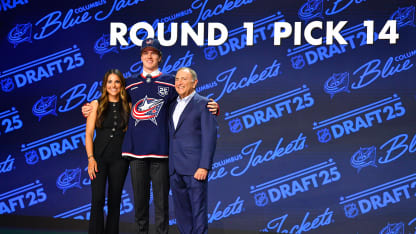 Jackson Smith poses with Meredith Gaudreau, left, and NHL commissioner Gary Bettman after being drafted by the Columbus Blue Jackets with the 14th overall pick during the first round of the 2025 Upper Deck NHL Draft at the Peacock Theater on June 27, 2025 in Los Angeles, California (Photo by Brian Rothmuller/Icon Sportswire via Getty Images)
