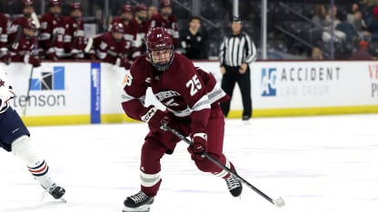 Daniel Jencko #25 of University of Massachusetts Minutemen skates with the puck against the Robert Morris University Colonials at Mullett Arena on January 04, 2025 in Tempe, Arizona. (Photo by Zac BonDurant/Getty Images)
