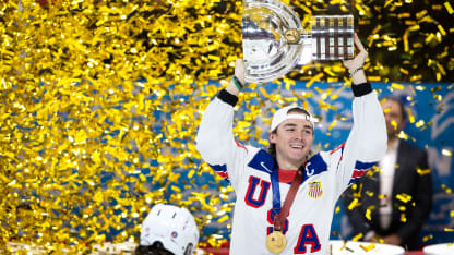 Clayton Keller USA lifting Worlds trophy