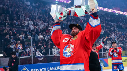 Simon Hrubec of ZSC Lions holds the trophy and celebrates the victory after the Champions Hockey League Final 2025 between ZSC Lions Zurich and Farjestad Karlstad at Swiss Life Arena on February 18, 2025 in Zurich, Switzerland. (Photo by Daniela Porcelli/Getty Images)