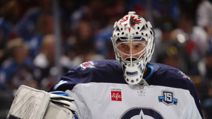 Goaltender Connor Hellebuyck #37 of the Winnipeg Jets looks on against the Colorado Avalanche at Ball Arena on March 28, 2026 in Denver, Colorado. (Photo by Michael Martin/NHLI via Getty Images)