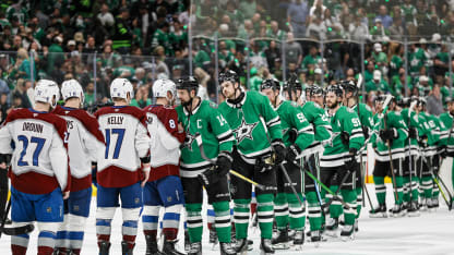 Dallas Stars left wing Jamie Benn (14) leads the handshake line after winning game 7 of the first round of the Stanley Cup Playoffs between the Dallas Stars and the Colorado Avalanche on May 3, 2025 at American Airlines Center in Dallas, Texas. (Photo by Matthew Pearce/Icon Sportswire via Getty Images)