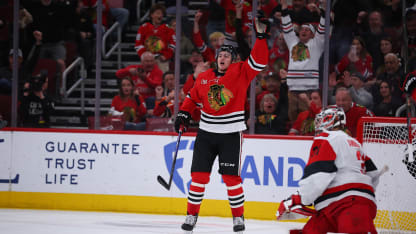 CHICAGO, IL - APRIL 09: Anton Frondell #16 of the Chicago Blackhawks celebrates after scoring during the first period against the Carolina Hurricanes on April 9, 2026 at the United Center in Chicago, Illinois. (Photo by Melissa Tamez/Icon Sportswire via Getty Images)