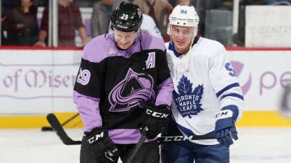 Nathan MacKinnon Tyson Barrie warmup Toronto Maple Leafs 2019 November 23