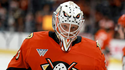 Ville Husso #33 of the Anaheim Ducks looks on at warmups before the game against the New York Islanders at Honda Center on March 04, 2026 in Anaheim, California. (Photo by Nicole Vasquez /NHLI via Getty Images )