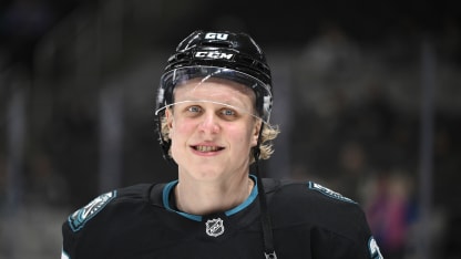 Fabian Zetterlund #20 of the San Jose Sharks looks on during warm ups before their game against the Vancouver Canucks at SAP Center on February 06, 2025 in San Jose, California. (Photo by Eakin Howard/Getty Images)