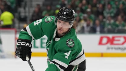 Miro Heiskanen #4 of the Dallas Stars handles the puck against the Vegas Golden Knights at the American Airlines Center on January 24, 2025 in Dallas, Texas. (Photo by Glenn James/NHLI via Getty Images)