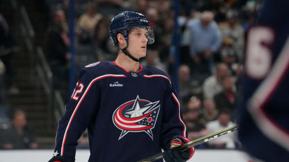 Samuel Knazko #62 of the Columbus Blue Jackets looks on during a stoppage in play in the first period against the Pittsburgh Penguins at Nationwide Arena on April 13, 2023 in Columbus, Ohio. (Photo by Jason Mowry/Getty Images)